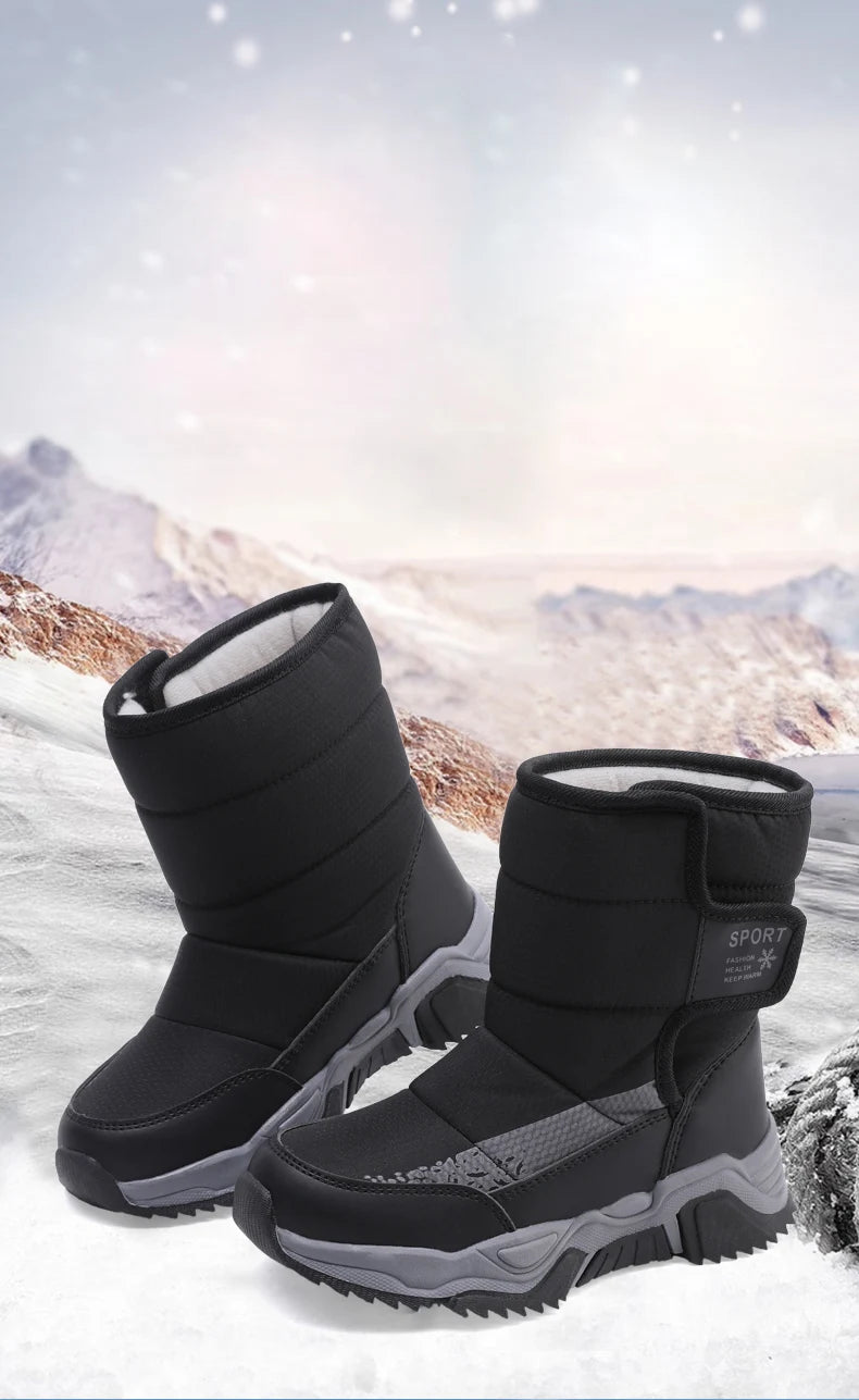 High-Top Kids Snow Boots with Hook-and-Loop Side Straps, Padded Shafts and Chunky Tread Soles for Winter Outings, Chinese Sizes 31-42