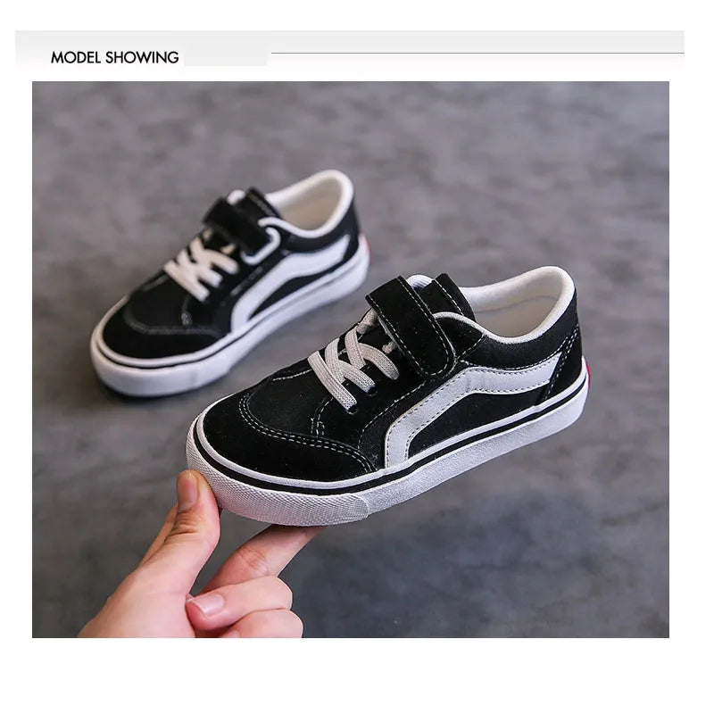 Kids Low-Top Canvas Shoes in Black and White with Hook-and-Loop Strap, Lace Detail and Contrast Side Stripe for Everyday Casual Outfits