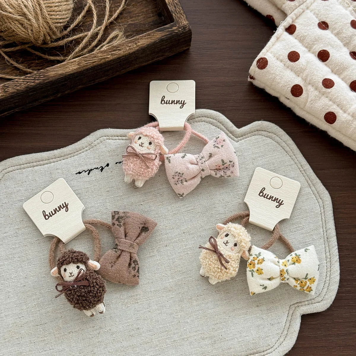 Sheep and Bow Hair Ties for Girls, 2-Piece Elastic Ponytail Holder Set with Cute Animal Detail in Beige, Coffee or Pink for Everyday Hairstyles