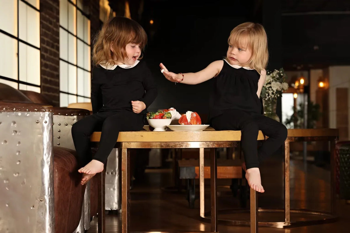 Black and White Collar Kids Outfits, Girls Long Dress and Baby Clothing Set Options with Contrast Collar Detail and Cardigan for Sibling Photos
