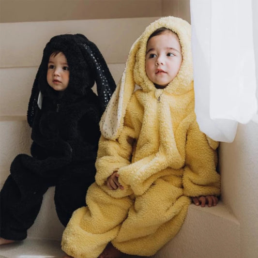 Bunny Ear Hooded Baby Romper, Plush Polyester Zip-Front Winter Jumpsuit for Boys and Girls, Infant and Toddler Sizes 3 Months-3 Years