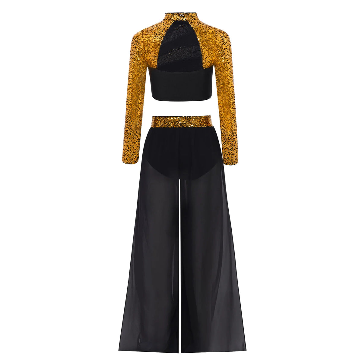 Girls Lyrical Dance Costume Set with Mock Neck Sparkle Top and Wide Leg Pants, Chiffon Overlay and Sleeveless Styles for Recitals and Stage Performances