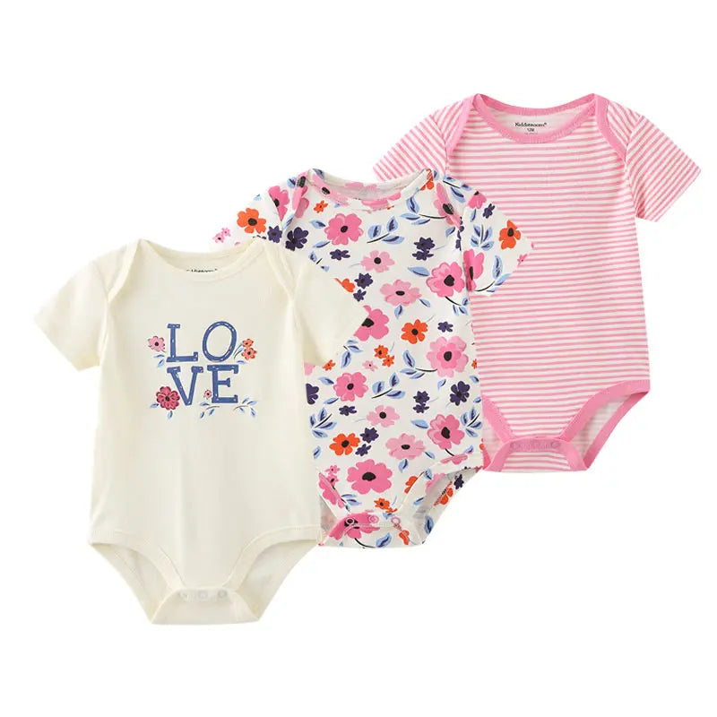 Cotton Infant Bodysuit Trio with Short Sleeves, Printed and Solid Baby One-Piece Outfits with Bottom Snaps for Boys and Girls, 3M-12M