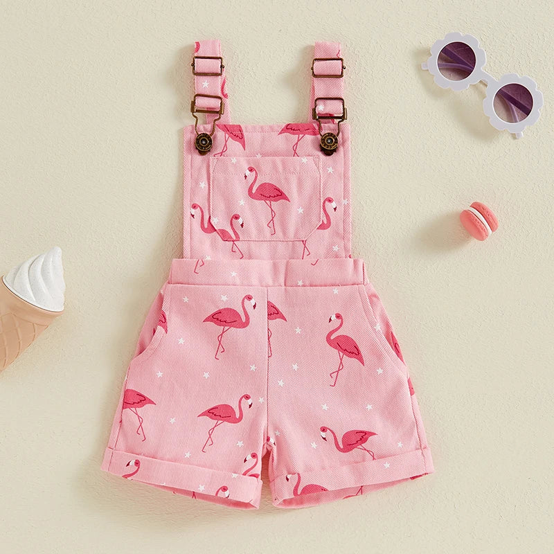 Girls Flamingo Denim Short Overalls in Pink with Adjustable Straps, Bib Pocket and Rolled Hems for Summer Outings, Birthdays and Photos