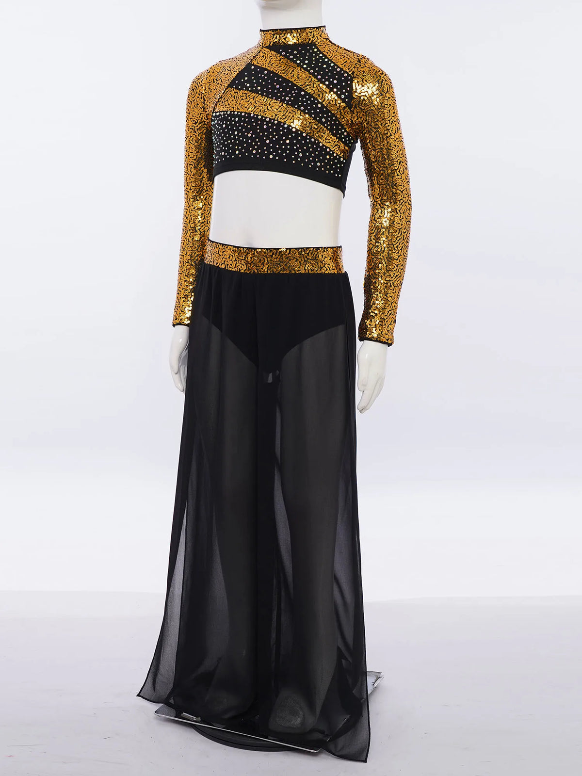 Girls Lyrical Dance Costume Set with Mock Neck Sparkle Top and Wide Leg Pants, Chiffon Overlay and Sleeveless Styles for Recitals and Stage Performances