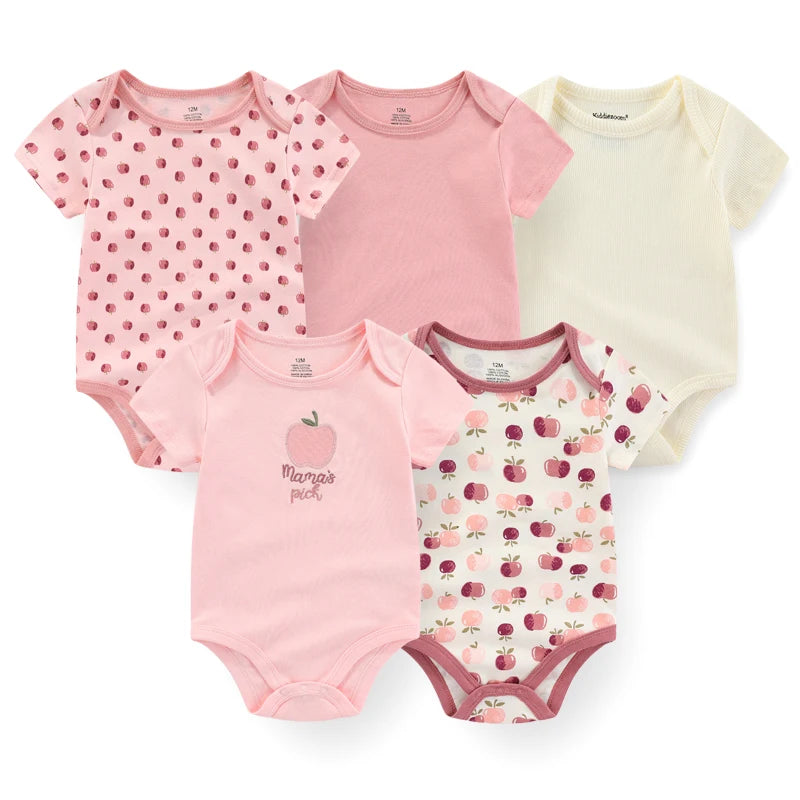 Cotton Baby Bodysuit Set of 5, Short Sleeve and Sleeveless Infant Clothing Styles with Solid Colors and Prints for Boys and Girls, 3M-12M