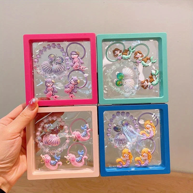 Mermaid Jewelry Set for Girls, 6-Piece Shell Bracelet, Ear Cuffs and Hair Accessories in a Gift Box for Princess Dress-Up, Birthdays and Christmas