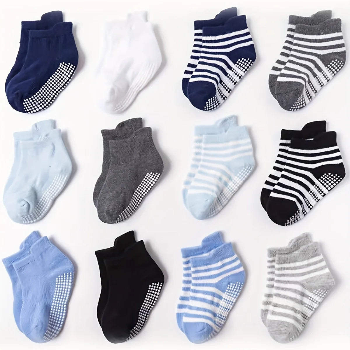 Toddler Grip Socks 6-Pair Set for Babies and Kids, Breathable Polyester Non-Slip Floor Socks in Solid and Striped Styles for Everyday Wear