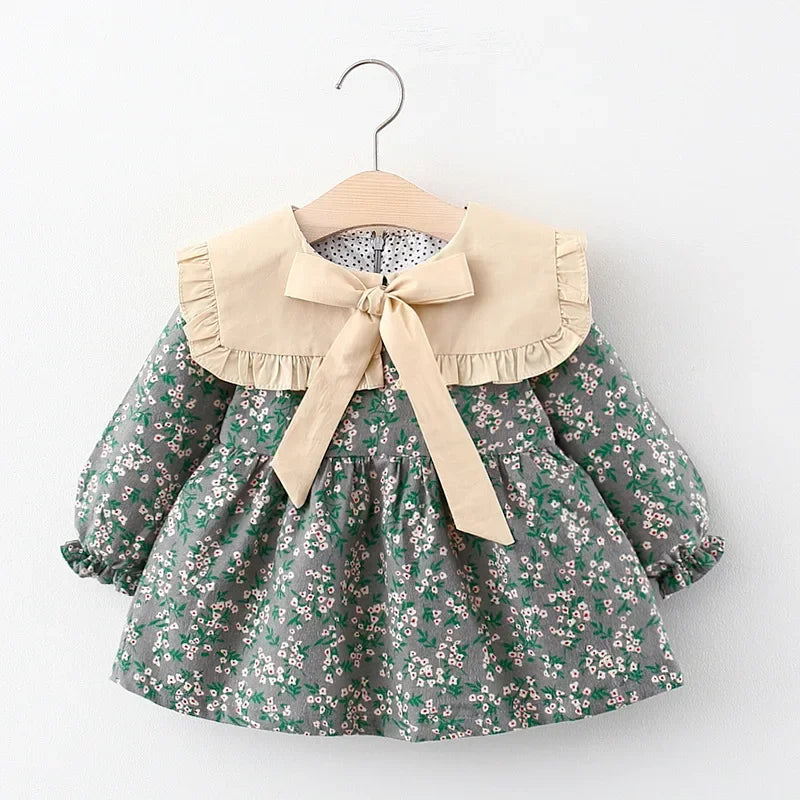 Baby Girl Floral Long Sleeve Dress with Ruffle Collar and Bow, Spring and Fall Outfit for Birthdays and Family Photos, Sizes 9 Months to 3 Years