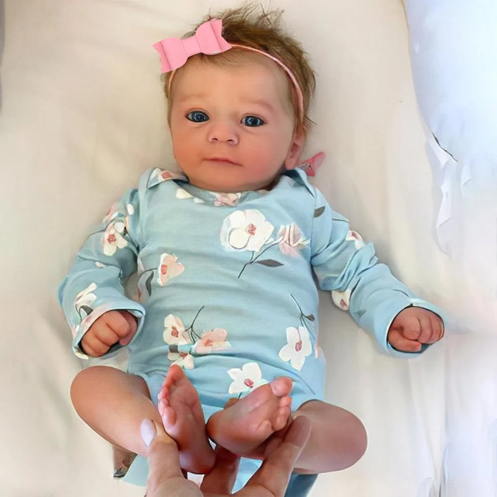 Blue Eyed Reborn Baby Doll Felicia with Hand-Rooted Hair and Soft Cloth Body, 18ā19 Inch Vinyl Details, Clothes, Bottle and Random Pacifier