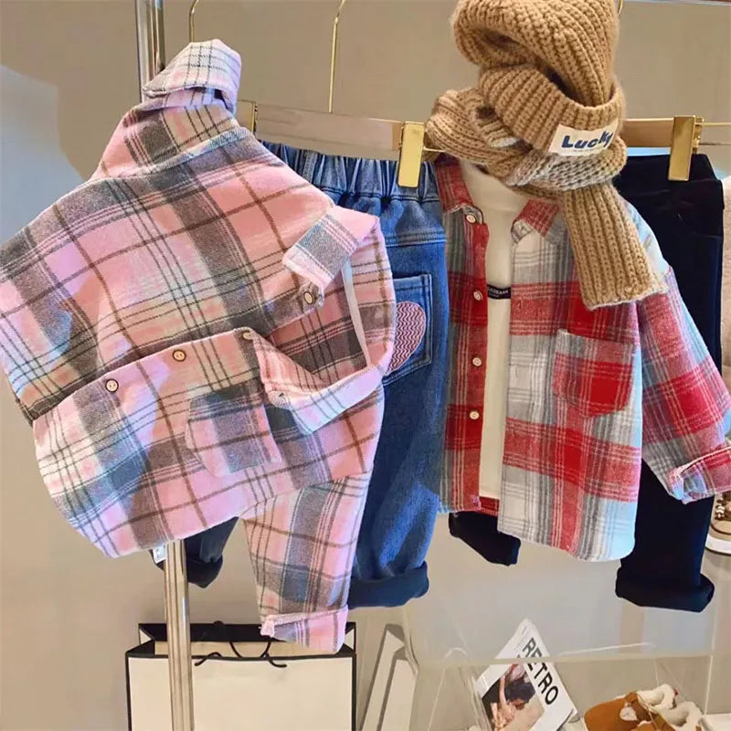 Plaid Kids Long Sleeve Button-Down Shirt with Classic Collar, Retro Casual Layering Top for Boys and Girls, Size Labels 90-150 cm