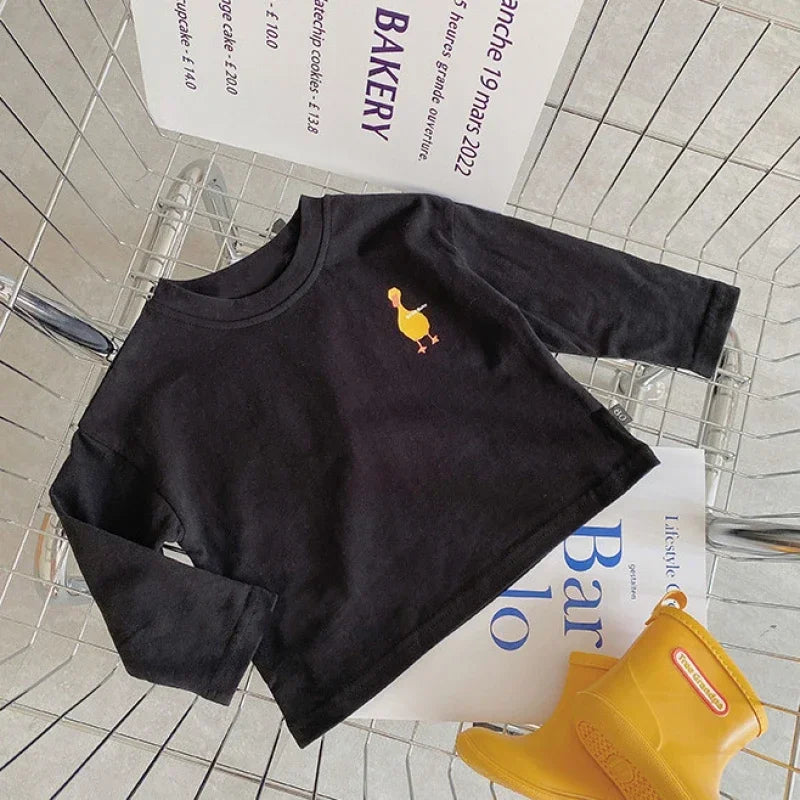 Duck Print Kids Long Sleeve T-Shirt with Crewneck and Letter Graphic, Loose Cotton Casual Top in White or Black for Spring Outfits, Sizes 90-140