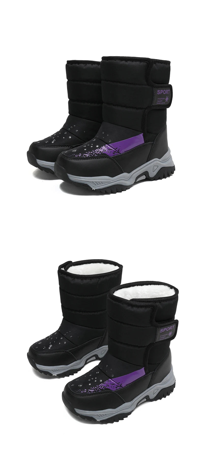 Kids Plush-Lined Winter Boots with Padded Shafts and Front Flap Closures, Pink or Purple Snow-Style Footwear for Boys and Girls