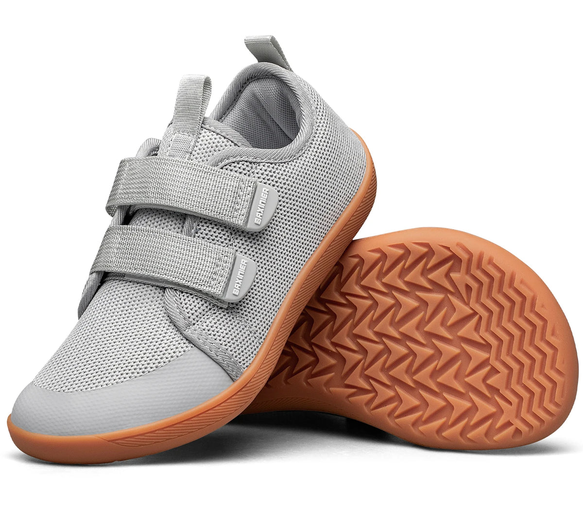 Kids Barefoot-Style Mesh Sneakers with Wide Toe and Double-Strap Fastening, Breathable Knitted Casual Walking Shoes in Gray, Black or Blue for Boys and Girls