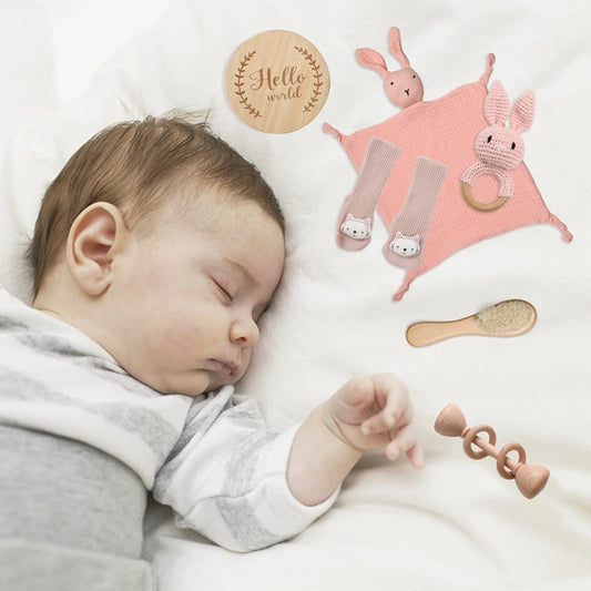 Rabbit Baby Gift Set with Double-Sided Cotton Blanket, Crochet Rattle, Wooden Teether and Brush in White, Grey or Pink for Baby Showers