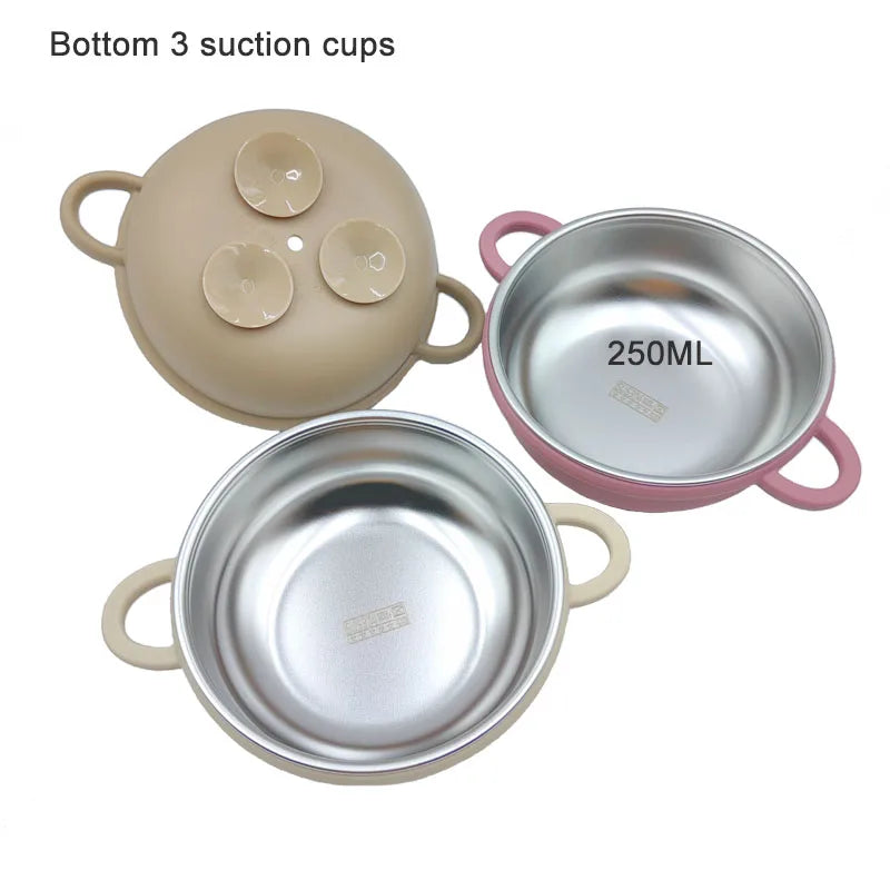 Stainless Steel Baby Feeding Set, 4-Piece Tableware with Three-Section Suction Plate, Handled Bowl, Spoon and Fork in Four Colors
