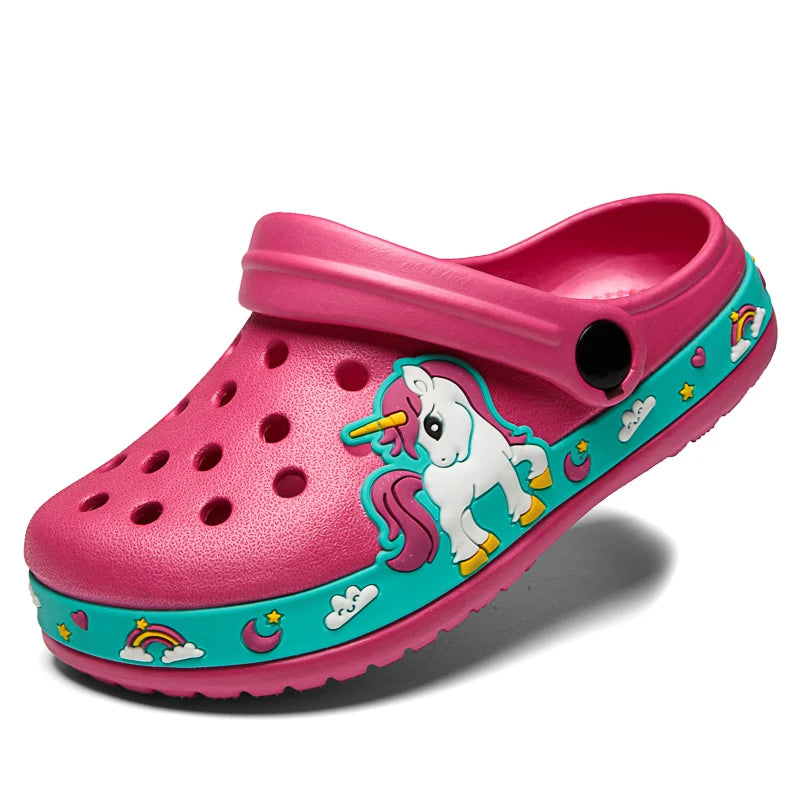 Dinosaur Kids Garden Clogs with Ventilation Holes and Pivoting Heel Strap, Closed-Toe Slip-On Summer Shoes for Boys and Girls Casual Outfits