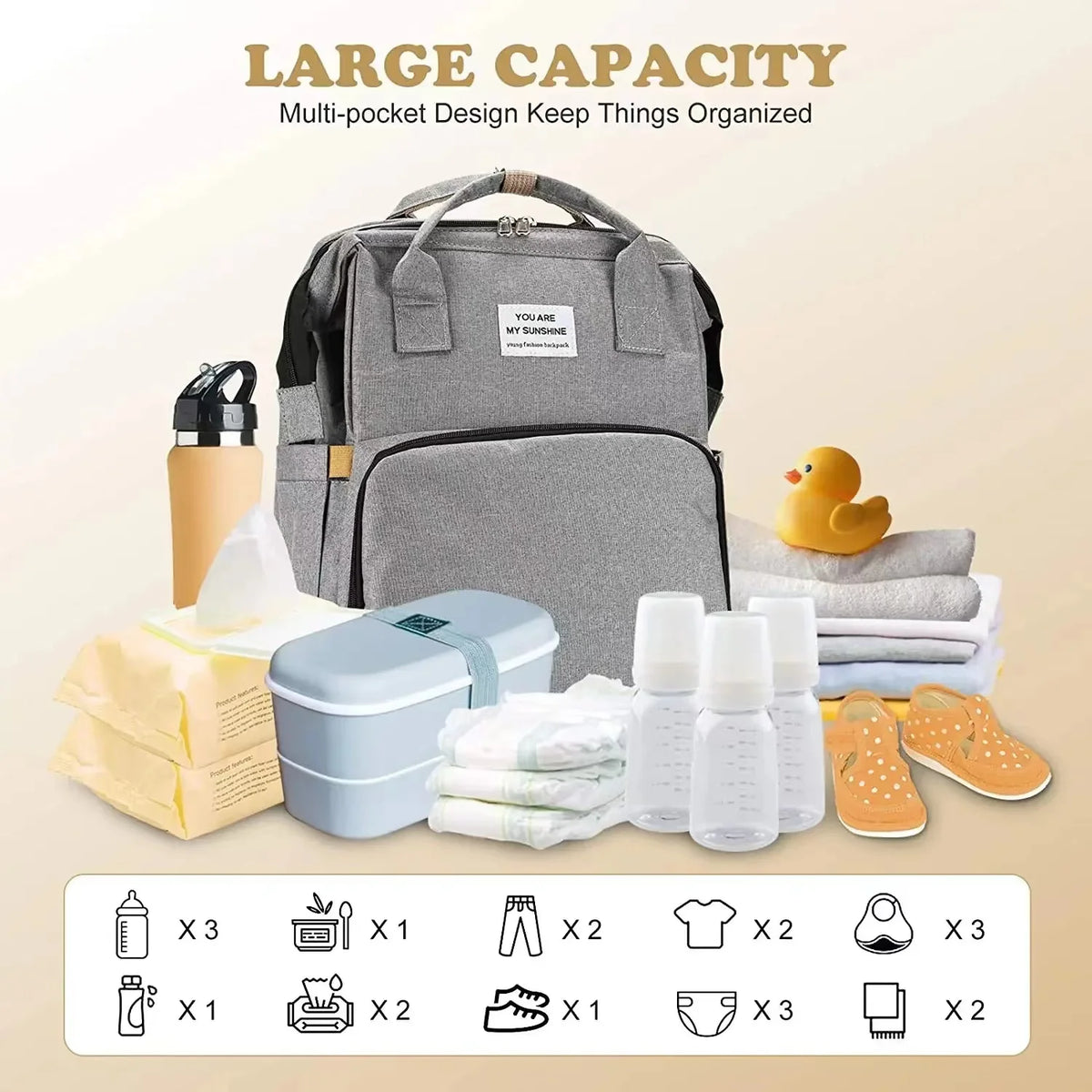 Diaper Backpack with Three Insulated Bottle Pockets and Fold-Out Changing Station, Multi-Pocket Baby Supply Bag for Moms and Dads on Everyday Outings