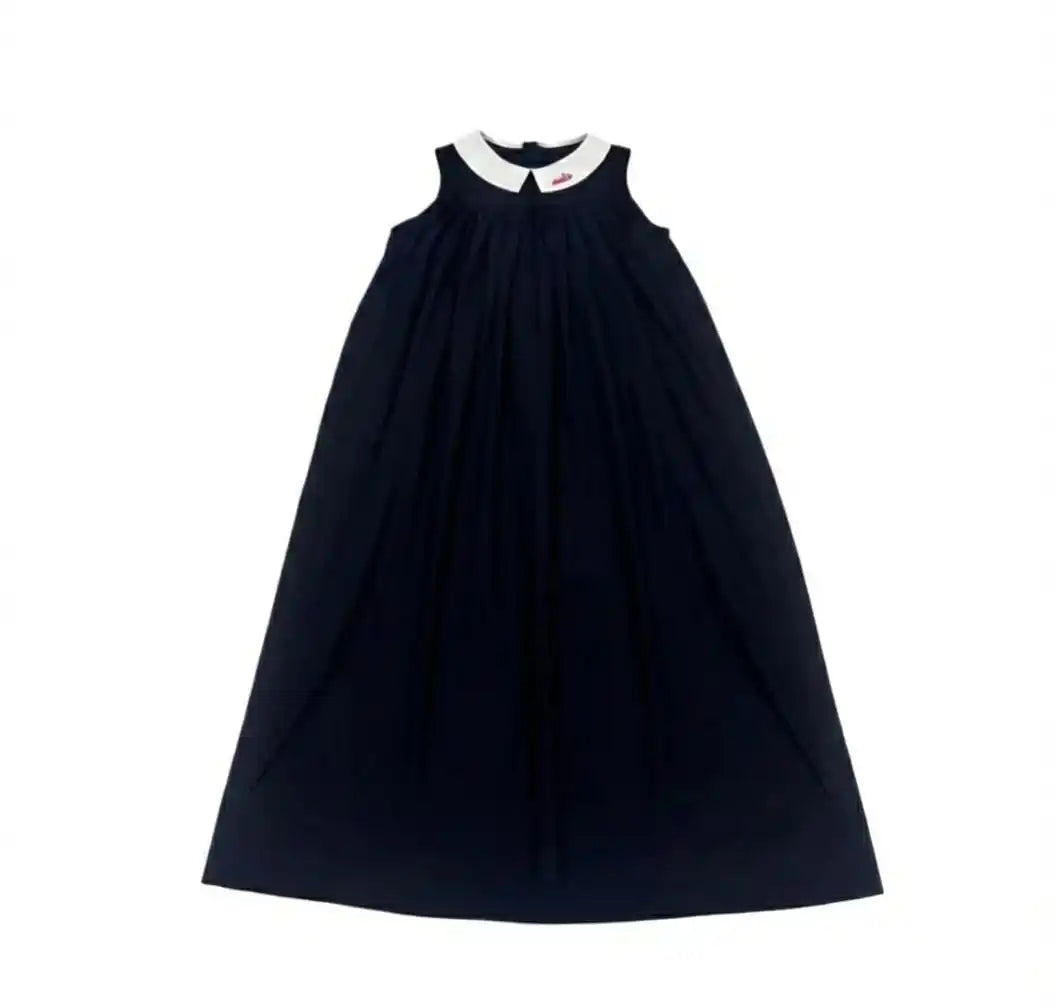 Black and White Collar Kids Outfits, Girls Long Dress and Baby Clothing Set Options with Contrast Collar Detail and Cardigan for Sibling Photos