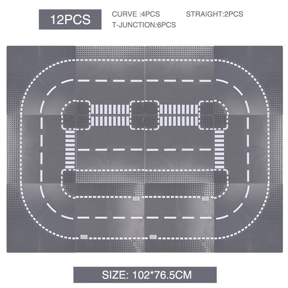 City Road Building Block Base Plates, 25.5 x 25.5 cm Single-Sided Street Panels for Brick Town Layouts, Traffic Scenes and Creative Construction Play