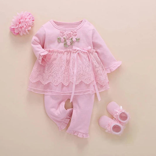 Pink Baby Girl Lace Jumpsuit Outfit with Long Sleeves and Skirt Overlay, Princess-Style Infant Romper Set Options for Milestone Photos, 0-12 Months