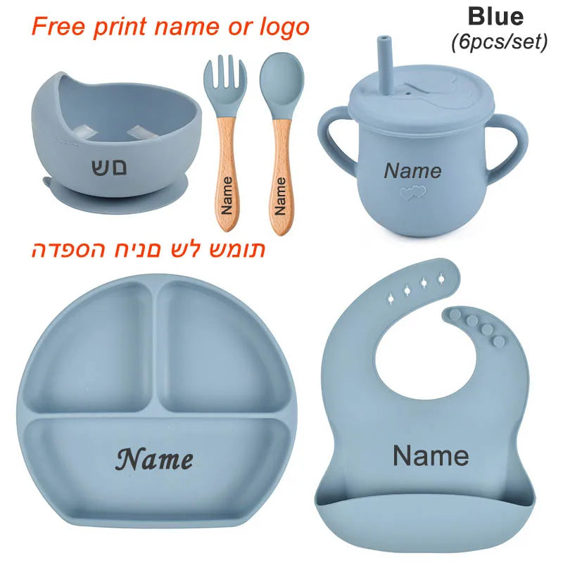 Personalized Baby Feeding Set with Silicone Suction Plate, Bowl, Spoon and Fork, 4-Piece or 6-Piece Tableware Options for Supervised Mealtimes
