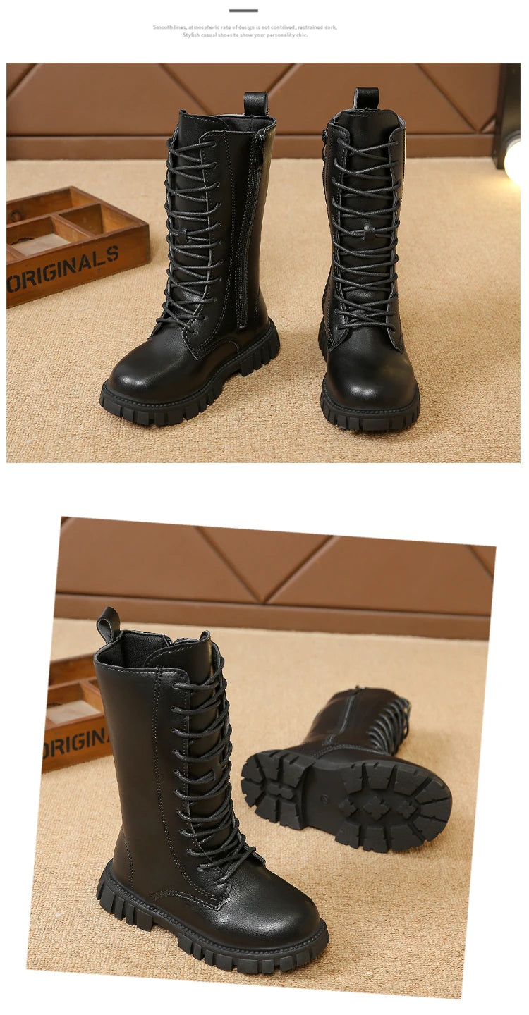 Girls Mid-Calf Lace-Up Boots with Side Zippers, Chunky Lug-Style Soles and Back Pull Tabs, Fall Winter Fashion Footwear in Sizes 27-36