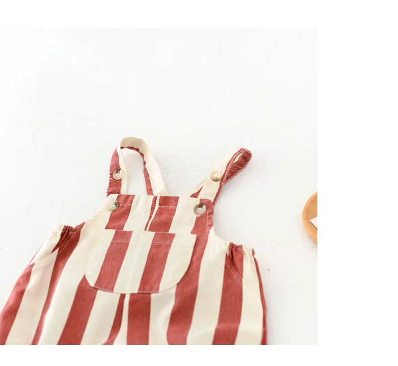 Baby Bear Patch Overalls with Red Stripe or Beige MINI Print, Button Shoulder Straps and Snap Legs, Loose-Fit Infant Jumpsuit for Boys and Girls