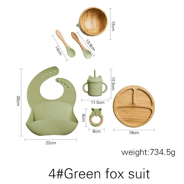 Bamboo Baby Tableware Set with Animal Plate Designs, Bowl, Cup and Wooden-Handle Utensil Options for Supervised Infant and Toddler Mealtimes