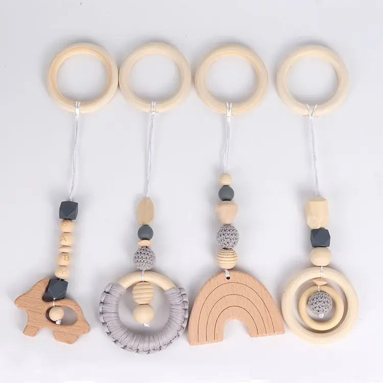 Beech Wood Baby Gym Toy Set, 4 Hanging Animal Pendants with Yarn Details and 5.8 cm Rings for Supervised Looking and Reaching, Frame Not Included
