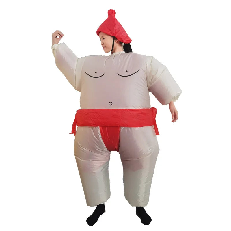 Inflatable Sumo Costume for Kids and Adults, Oversized Wrestler-Style Blow-Up Suit with Colorful Belt Design for Halloween and Cosplay Parties