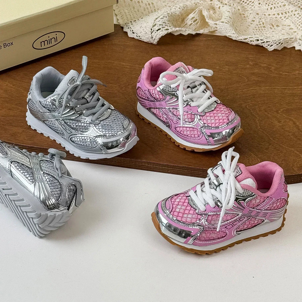 Kids Mesh Sneakers with Metallic Orbit Styling, Lace-Up Casual Walking Shoes in Pink or Silver with Rubber Soles for Everyday Outfits