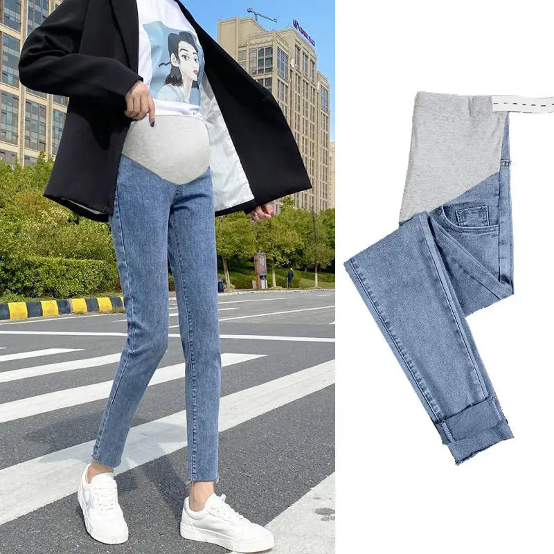 Maternity Denim Jeans with Over-Belly Panel, Blue Pregnancy Pants with Frayed Hem Styling, M-2XL Options for Everyday Casual Outfits
