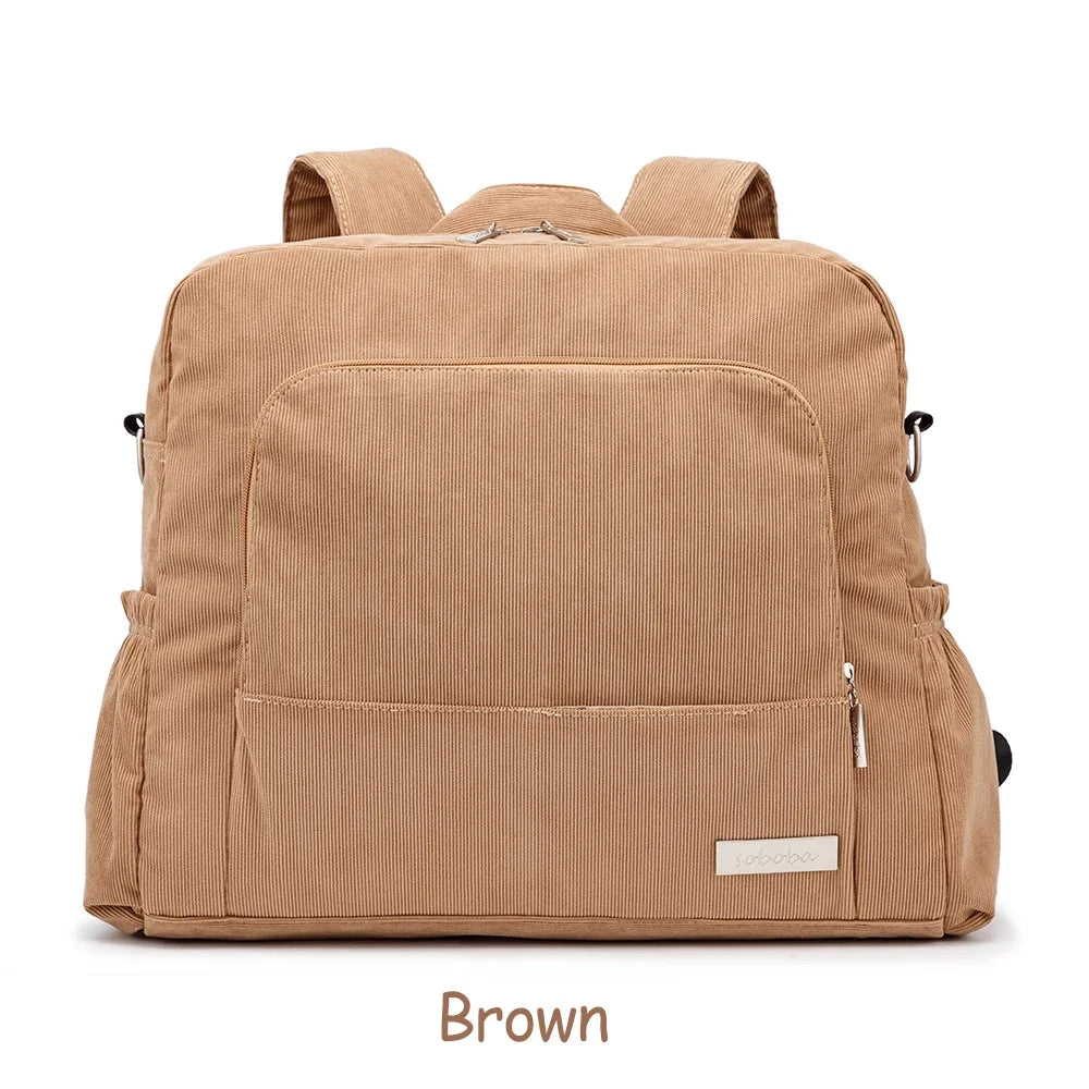 Corduroy Diaper Backpack by Soboba, Large Capacity Baby Changing Bag with Interior Pockets, Front Zip Storage and Side Pockets for Daily Outings