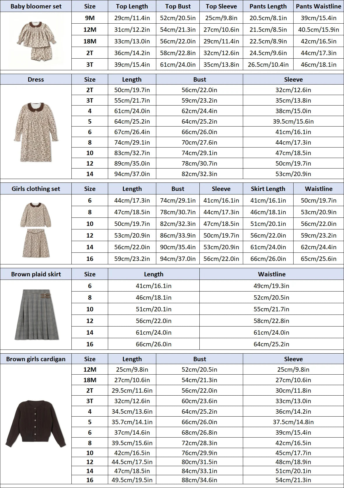 Brown Floral Sibling Matching Outfits with Cotton Girls Dresses and Baby Bloomer Sets, Coordinating Cardigans and Plaid Boys Pants or Overall Shorts