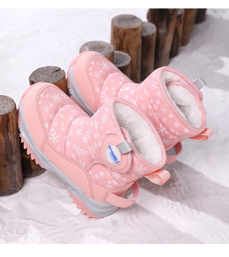 Snowflake Print Kids Winter Boots with Padded Shafts, Pull Tabs and Chunky Tread Soles, Pink Snow-Style Footwear for Boys and Girls