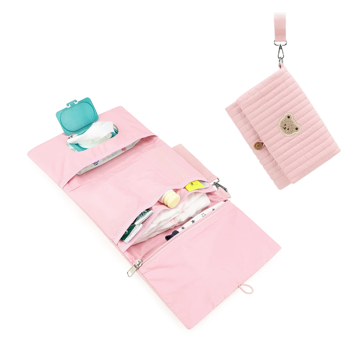 Hanging Diaper Organizer Bag with Foldable Design, Bear Detail and Wrist Strap for Baby Essentials, Everyday Outings and Family Travel