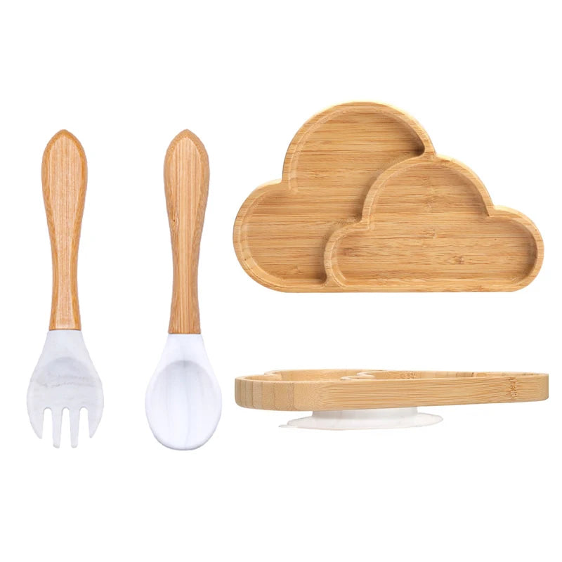 Baby Bamboo Suction Plate Set with Wooden-Handle Spoon and Fork, 3-Piece Cartoon Dinnerware with Divided Elephant Design for Toddler Meals