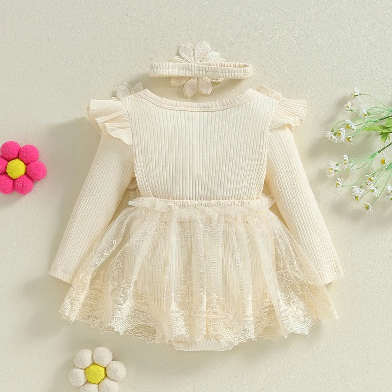 Baby Girl Romper Dress and Headband Set with 3D Flowers, Bow and Mesh Skirt, Long Sleeve Ribbed Cotton-Blend Outfit in Five Colors, 3M-18M