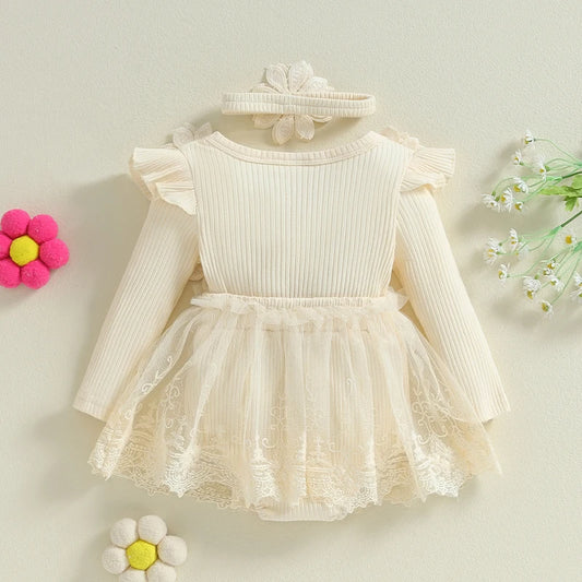 Baby Girl Romper Dress and Headband Set with 3D Flowers, Bow and Mesh Skirt, Long Sleeve Ribbed Cotton-Blend Outfit in Five Colors, 3M-18M