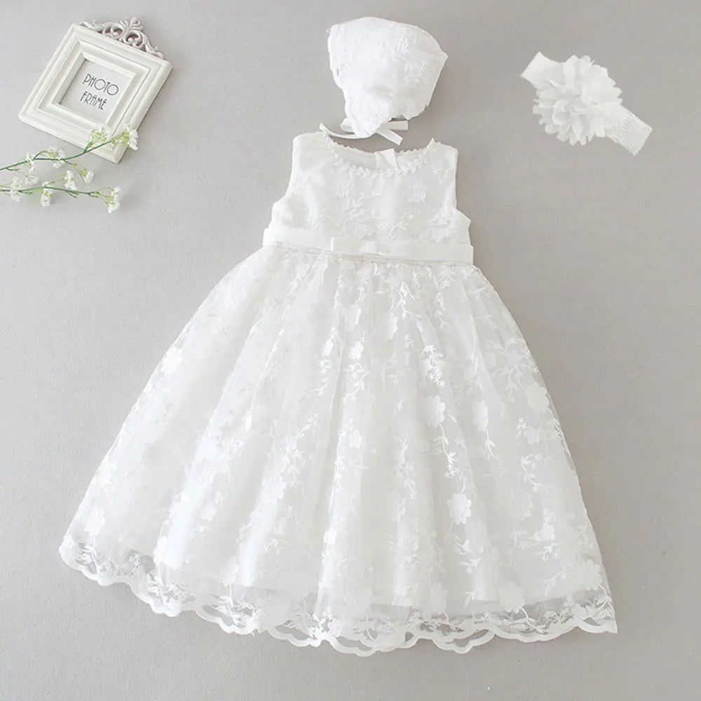 Baby Baptism Gown for Girls with Long Sleeves, Lace Details and Cotton Lining, Dress and Cap Set for Christening and First Birthday Photos