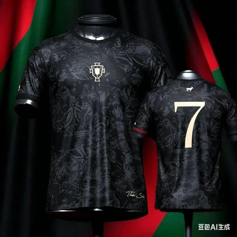 Number 7 Soccer Fan Shirt for Kids and Adults, Short Sleeve Football Jersey Style Top with Black Graphic and White Gold Designs for Family Matching