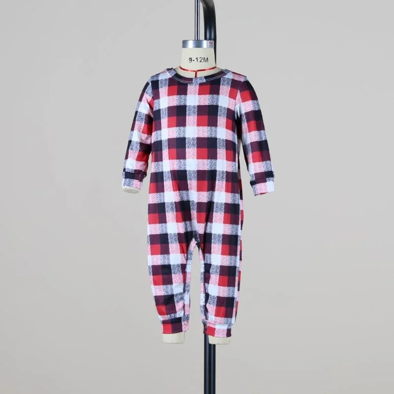 Reindeer Family Matching Pajamas with White Long Sleeve Tops and Red Black Plaid Pants, Christmas Outfits for Mom, Dad, Kids and Baby Size Options