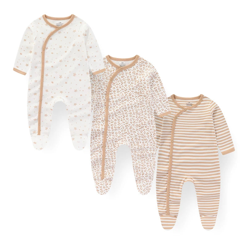 Baby Footed Jumpsuits 3-Pack, 100% Cotton Long Sleeve Cartoon Rompers for Newborn Boys and Girls, Fall and Winter Everyday Outfits