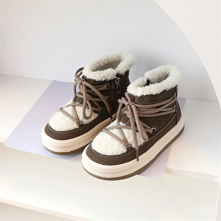 Toddler Fuzzy Trim Ankle Boots with Lace-Up Front and Side Zippers, Plush Winter Styling and Rubber Soles for Boys and Girls, Sizes 21–30