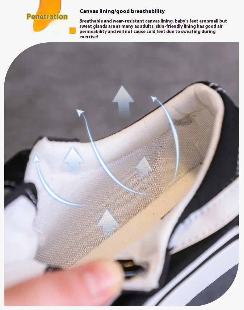 Kids Low-Top Canvas Shoes in Black and White with Hook-and-Loop Strap, Lace Detail and Contrast Side Stripe for Everyday Casual Outfits