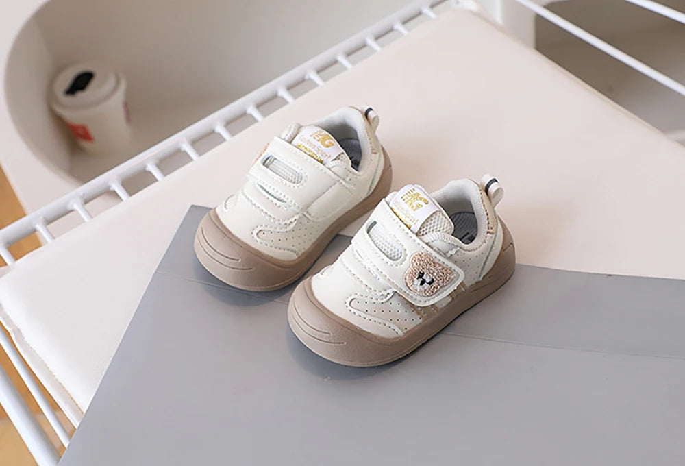 Toddler Bear Sneakers with Hook-and-Loop Strap, Perforated Upper and Striped Sides, Baby Boys and Girls Casual Shoes in Black Gold or Red, Sizes 16-25