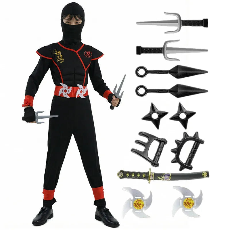 Samurai Ninja Costume for Kids with Hooded Warrior Styling and Toy Accessory Options for Halloween Parties, Cosplay and School Performances
