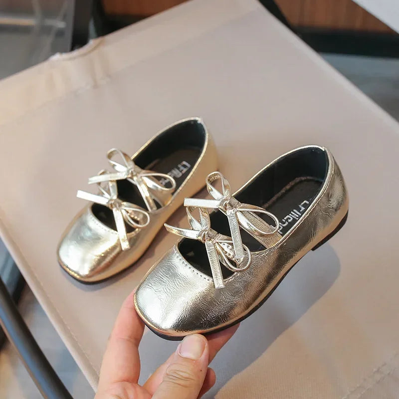 Girls Square-Toe Double-Bow Dress Flats with Cross-Strap Detail in Silver, Black or Gold for Party Outfits, Family Celebrations and Special Occasions