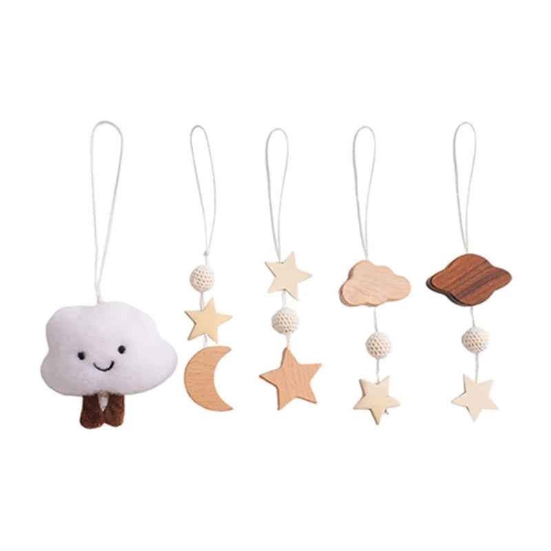 Baby Gym Hanging Toys in Wood and Cotton with Animal, Star and Moon Pendant Designs, Individual or Set Options for Supervised Play